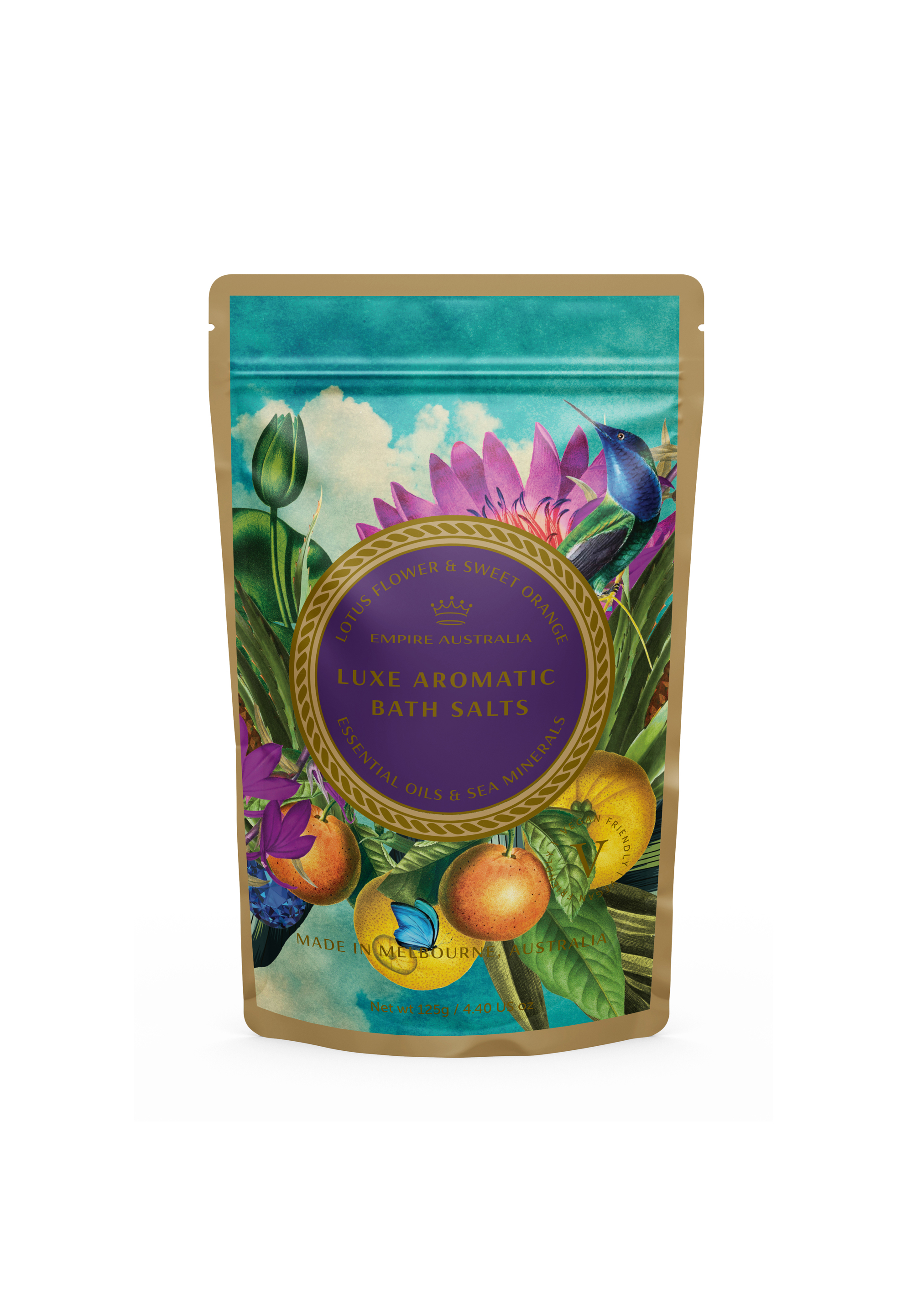 Соль для ванны EMPIRE AUSTRALIA с маслами цветка лотоса и сладкого апельсина, SAPPHIRE 125 г