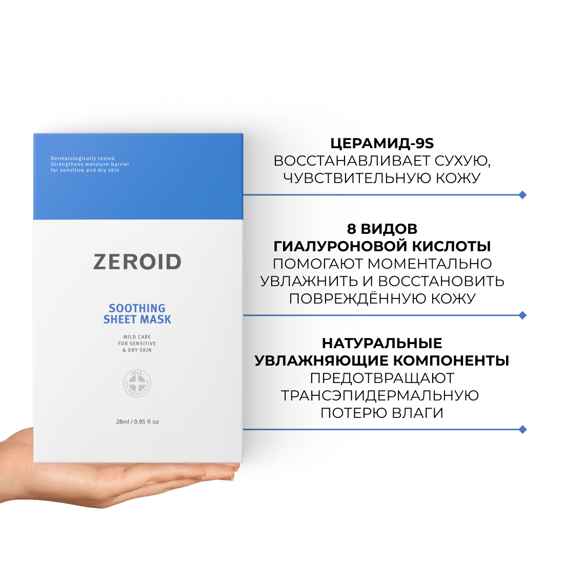 Набор тканевых масок для сухой и чувствительной кожи лица ZEROID Soothing, 28 мл (5шт)